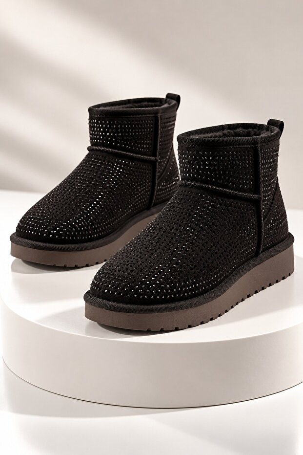 Women's Ankle Boots with Stone Detail, Fur Inside, and Thin Sole
