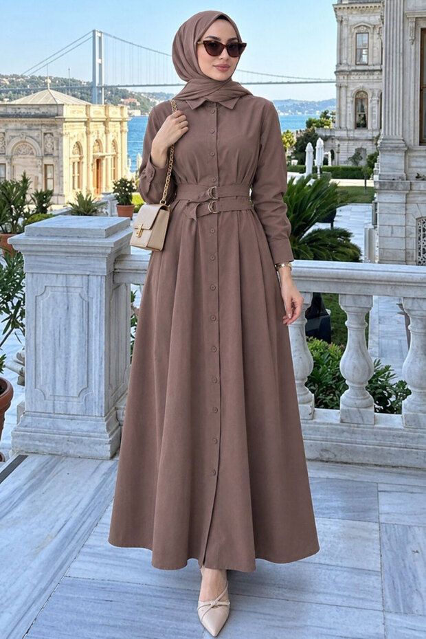 Shirt Collar Belted Dark Beige Hijab Dress 30951Kbej