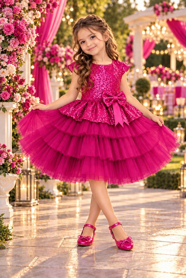 Girl's Fuchsia Birthday Special Day Evening Dress Sequined Dress