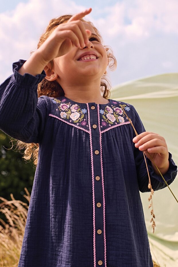 Organic Muslin Dress Navy Blue for Ages 2-10