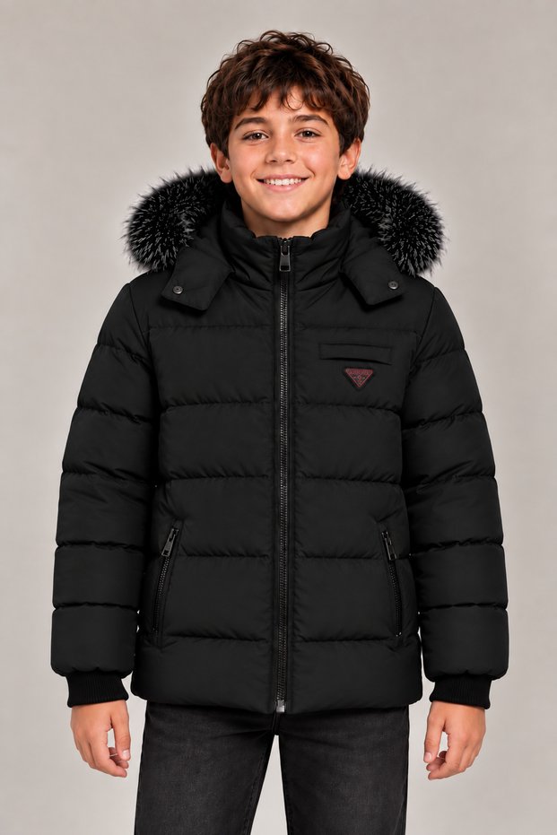 Men's Black Removable Hooded Water and Windproof Children's Coat and Coat