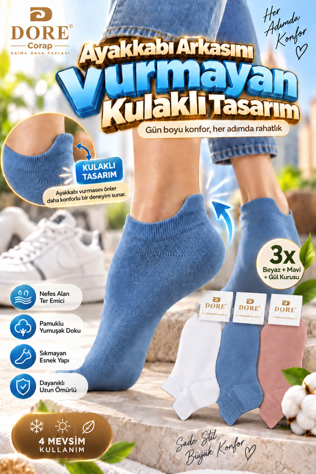Original Unisex 3-Pair Comfort Model Premium Cotton Sweat-Absorbent & Breathable Seamless Non-Pressing Shoes Non-Bumping 4-Season Comfort All Day Long Ankle-Length Sports Shoes Sneaker Booties Socks