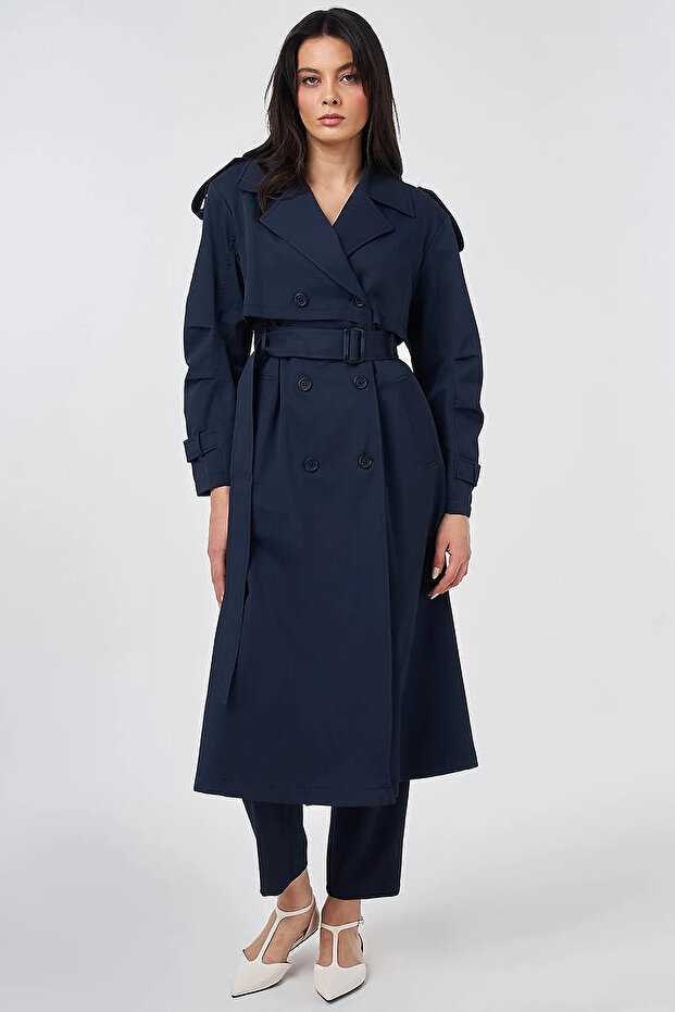 Apolet Detailed Trench Coat Dark Navy Blue