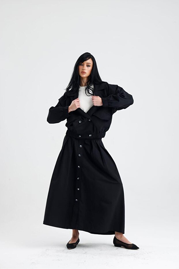 İzla long flared front buttoned side pockets skirt