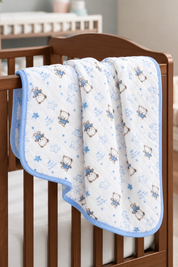 Teddy Bear Patterned Combed Cotton Single Layer Cream Light Blue Baby Blanket (80X80 cm)