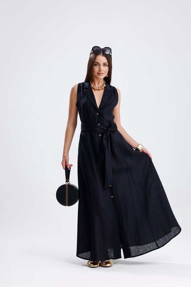 Leona Front Button Belted Long 100% Linen Summer Dress