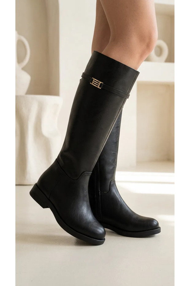 Women's Frida Flat-Soled Below-The-Knee Buckle Boots - Black Leather