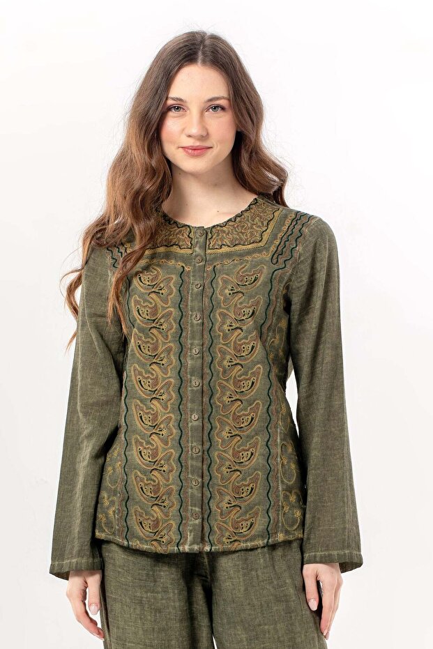Foldable Long Sleeve Inka Round Neck Summer Buttoned Authentic Poplin Women's Shirt Khaki Hk