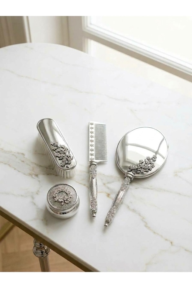 Luxury Mirror Comb Set Shiny Silver (Flower Bouquet)