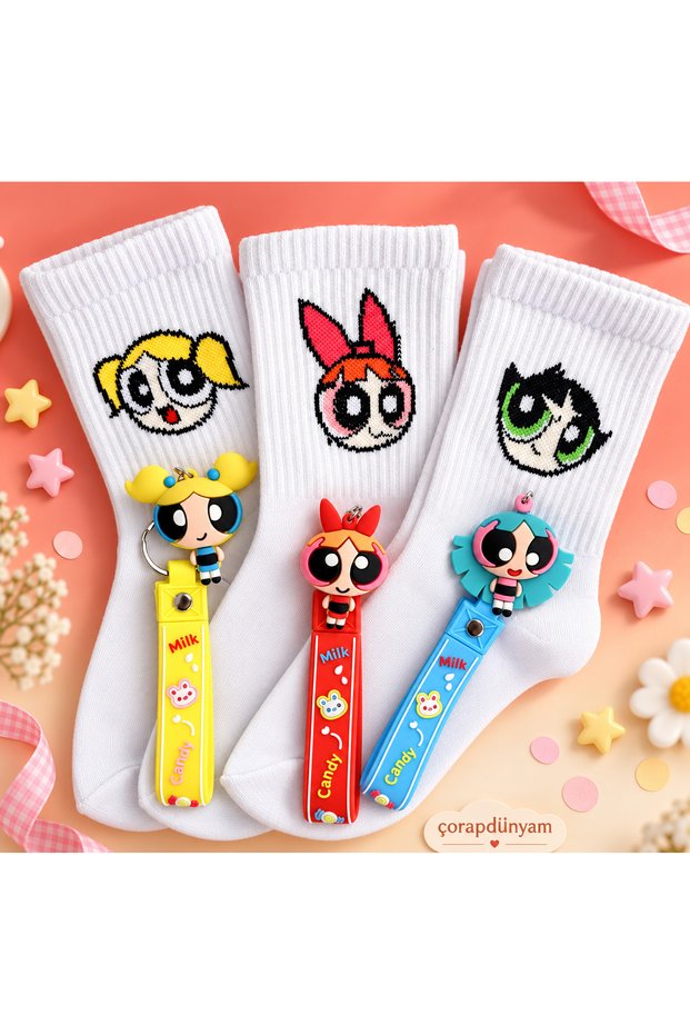 Set of 3 Black Chain & Socks Powerpuff Girls Patterned College Tennis Socks