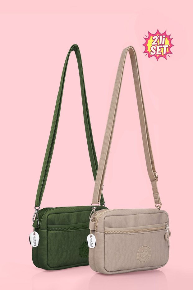 Women's Cross Strap Three-Compartment Zippered Crinkle Daily Shoulder Bag Khaki-Cream Set of 2