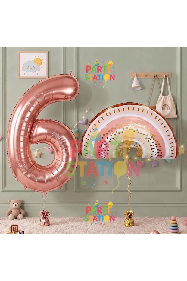 6 Year Old Bohemian Rainbow Balloon Set - Rainbow Concept, Rosegold Figure