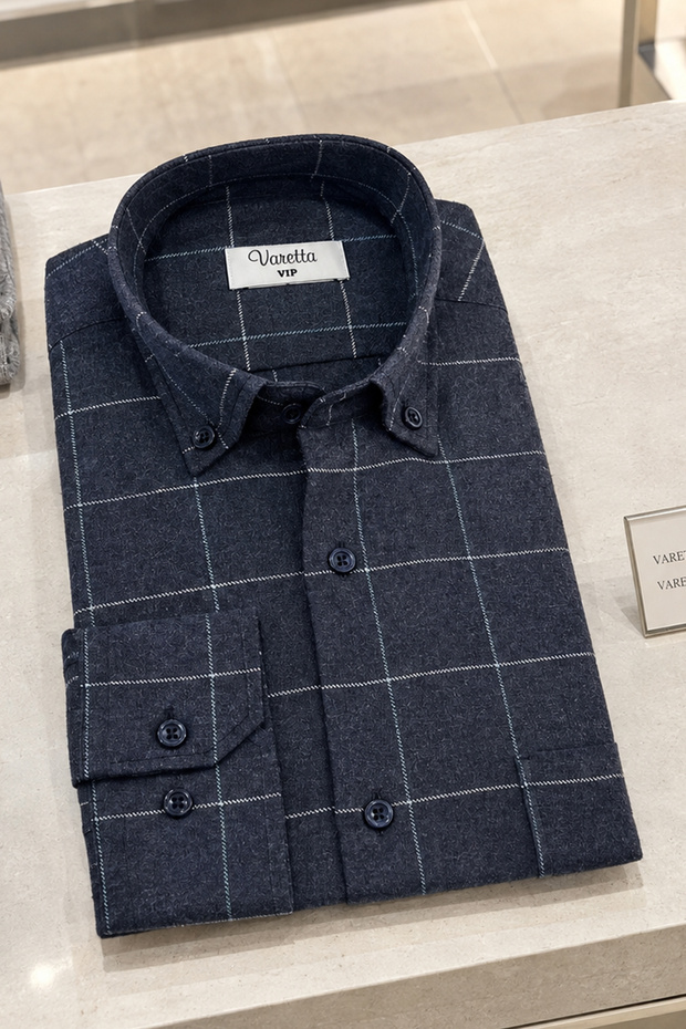 Men's Navy Blue Plaid Classic Cut Collar Buttoned Winter Shirt