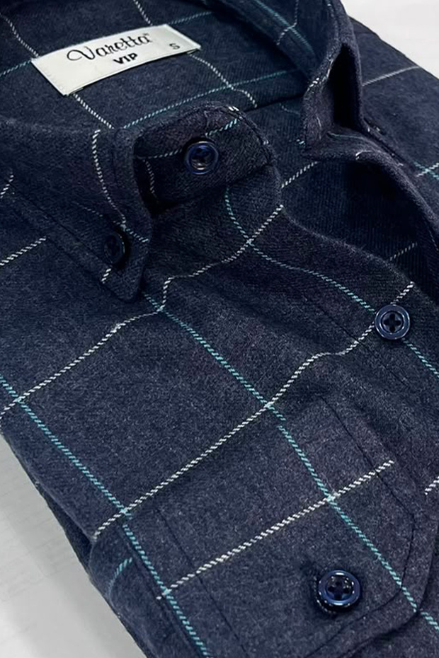 Men's Navy Blue Plaid Classic Cut Collar Buttoned Winter Shirt