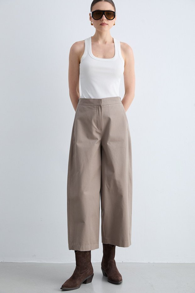 Women's High Waist Wide Leg Pants with Pocket Detail - Khaki