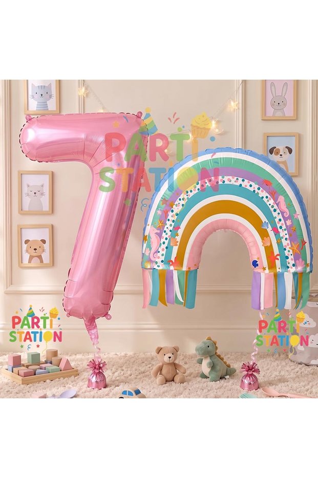 Rainbow 7 Year Old Balloon Set Mermaid Rainbow Concept Balloon and Pink Number Balloon