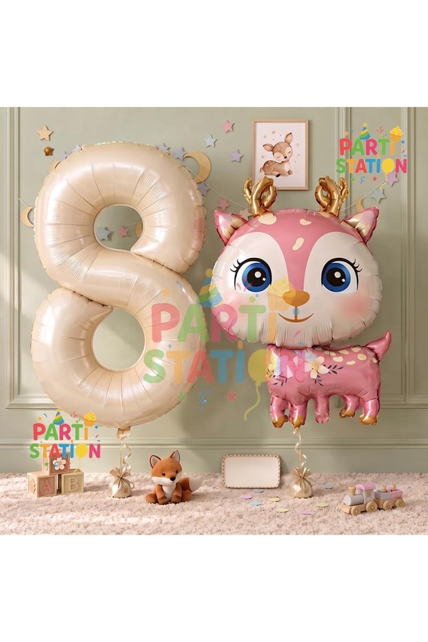 8 Years Old Deer Balloon Set - Cute, Woodland Concept, Gazelle and Cream Colored Number Balloon