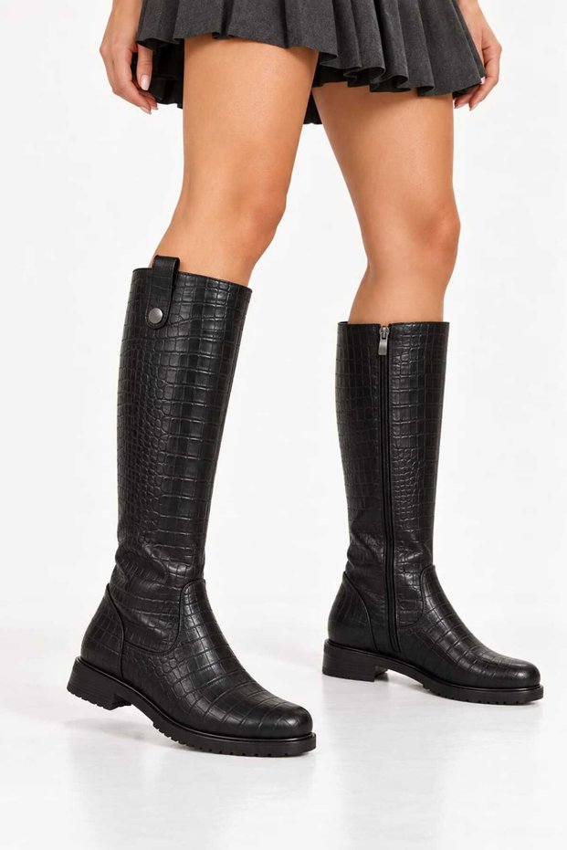 Black Crocodile Buttoned Modern Women's Boots 142501
