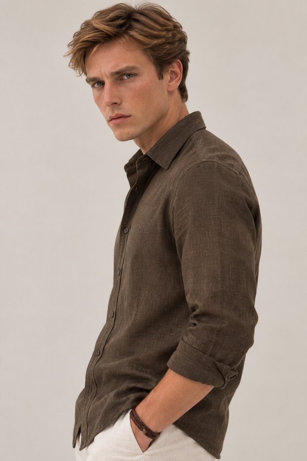 100% Pure Linen Relaxed Fit Long Sleeve Shirt Soil | Mes128043-01