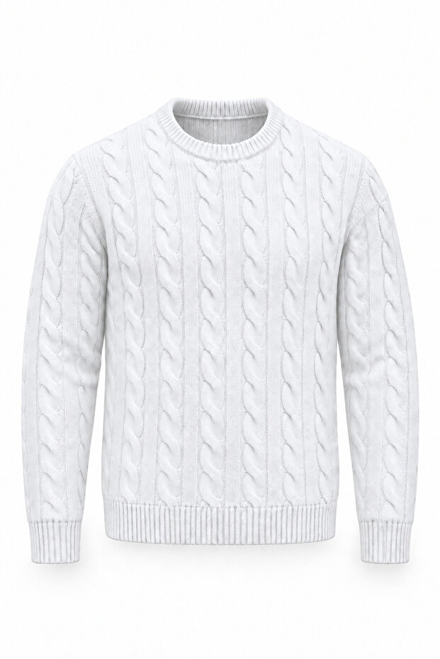 Leone Anti-Peeling Anti-Pilling Hairless Knitted Crew Neck Men's Sweater - Ecru