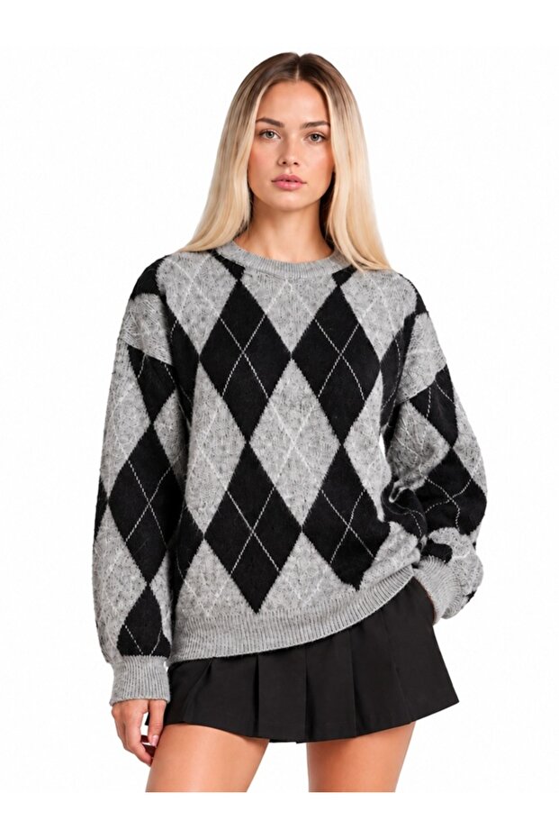 Gray Navy Blue Baklava Crew Neck Oversize Women's Knitwear Sweater