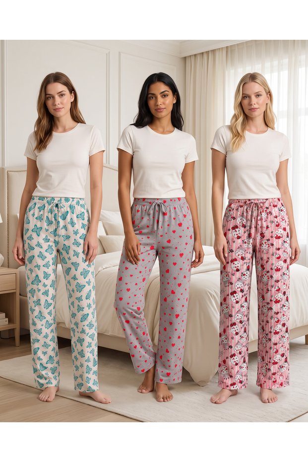 Women's 3-Piece Pajama Bottom Set - Single Jersey Fabric, Cotton, Apple Print