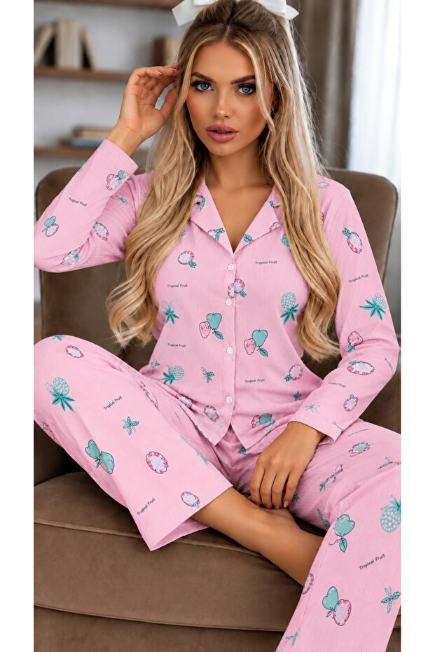 Cotton Buttoned Double Milan Pajama Set Pink Patterned