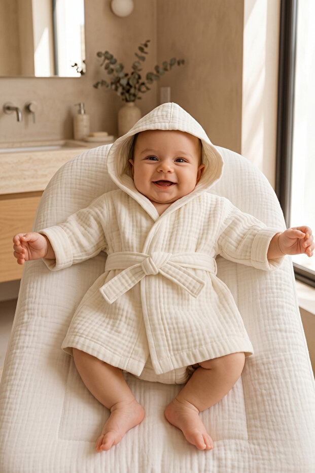 4 Layer Cream Color 100% Cotton Newborn Baby Muslin Bathrobe