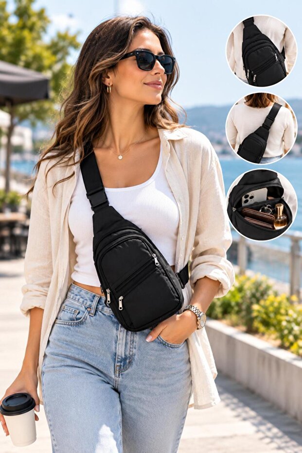 Black 3-Zipper Women's and Men's Chest and Waist Side Crossbody Bag