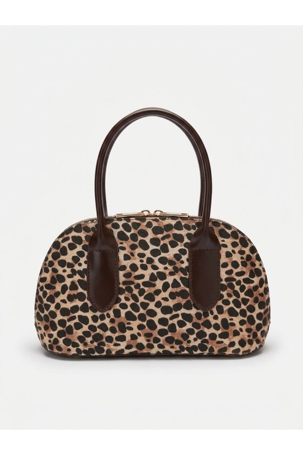 Women's Nile Model Suede Leopard Patterned Adjustable Strap Hand & Crossbody Bag
