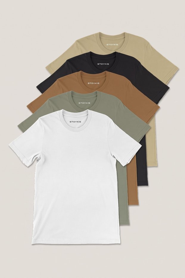 Men's Earth Black Brown Khaki White 100% Cotton 5-Piece T-Shirt Pack Regular Fit