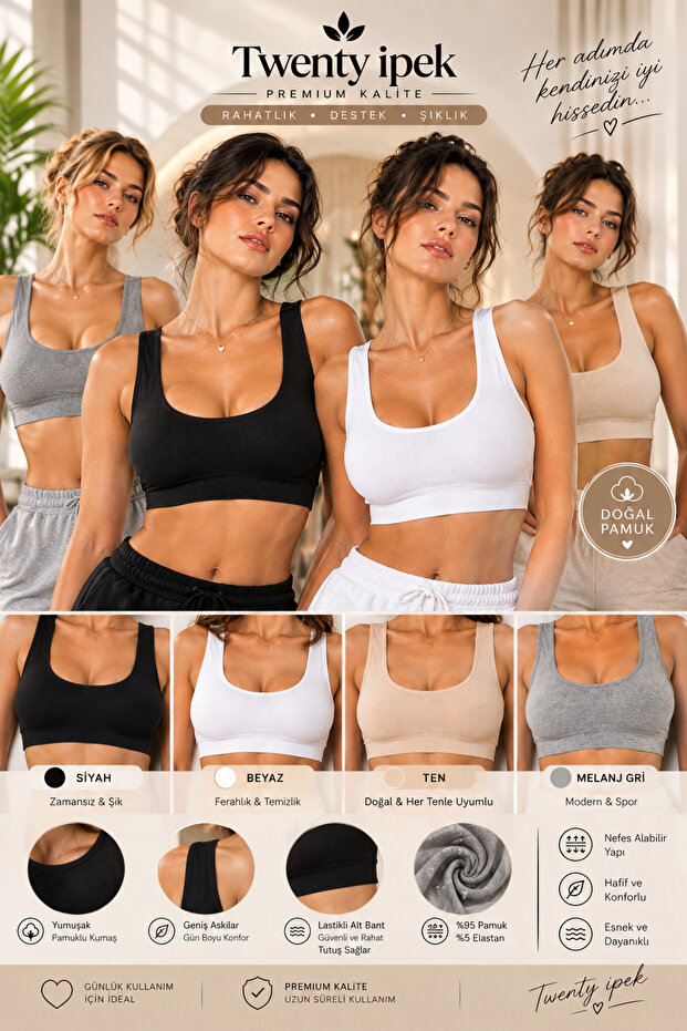 4-Piece Padded White, Tan, Gray and Black Thick Strap Women's Half Tank Top Bra, Pack of Cotton