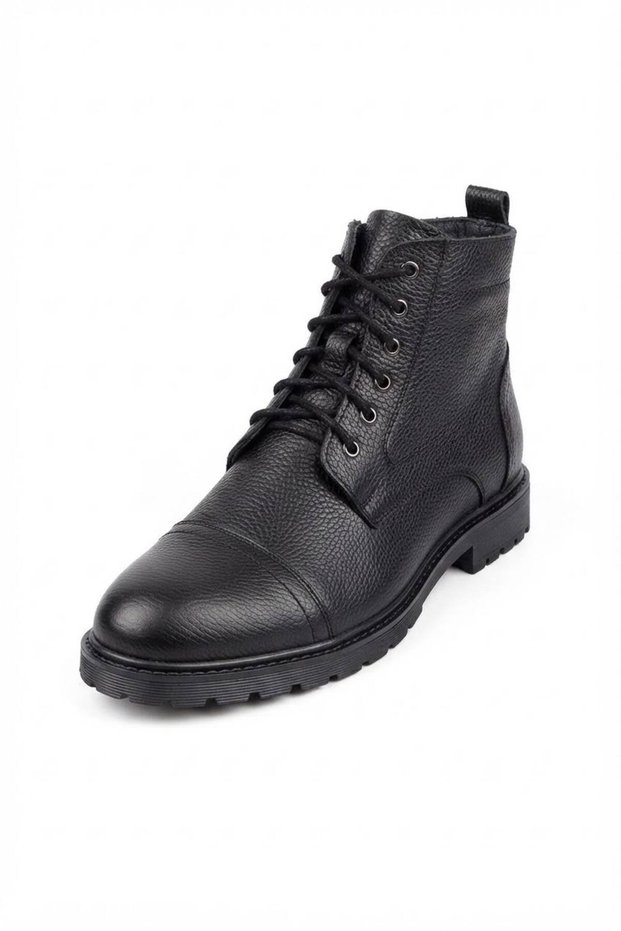 Men's Black Genuine Leather Boots with Fur Inside and Zipper and Laces 475