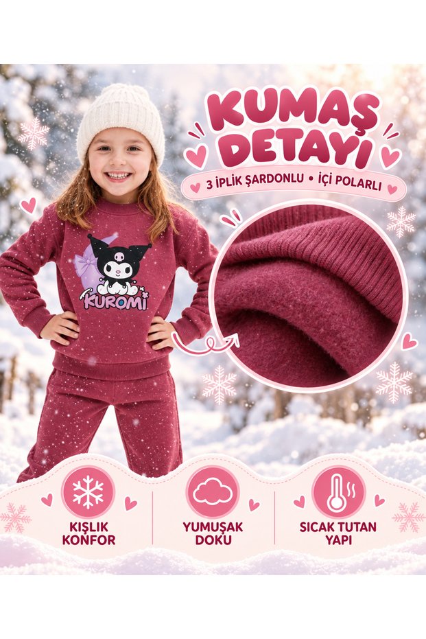 Girl's Kuromi Sanrio Printed 3-Yarn Fleece-Lined Winter Tracksuit Set