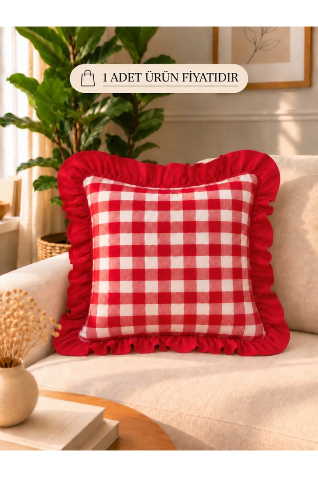 Vintage Ruffled Red Linen Gingham Throw Pillow Cover Linen Throw Pillow Cover