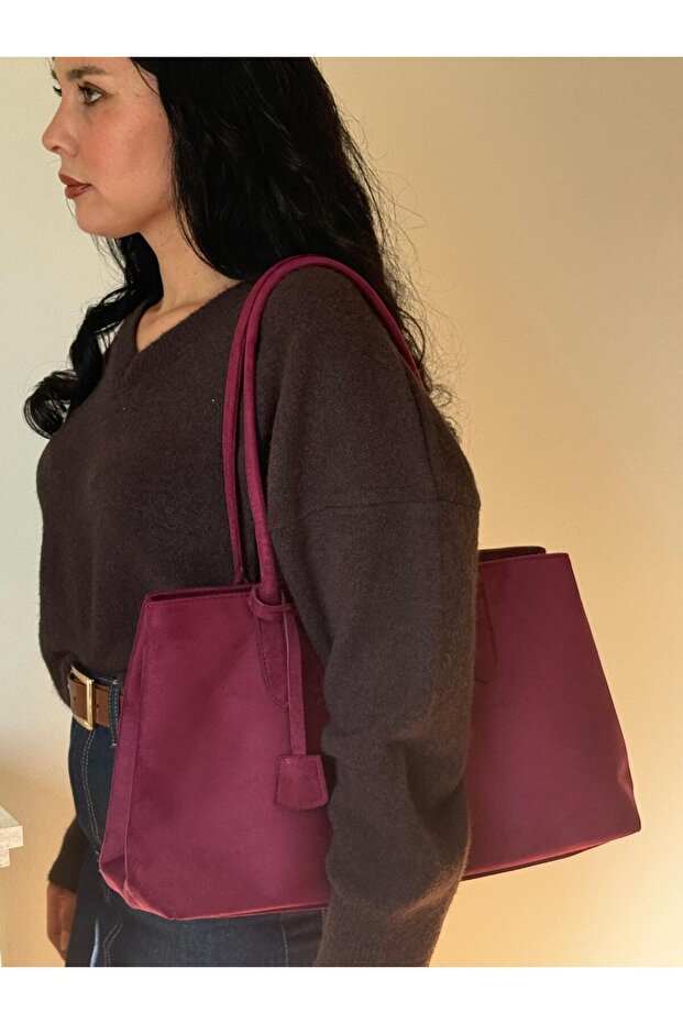 Women's Burgundy Eda Model Suede Large Bag