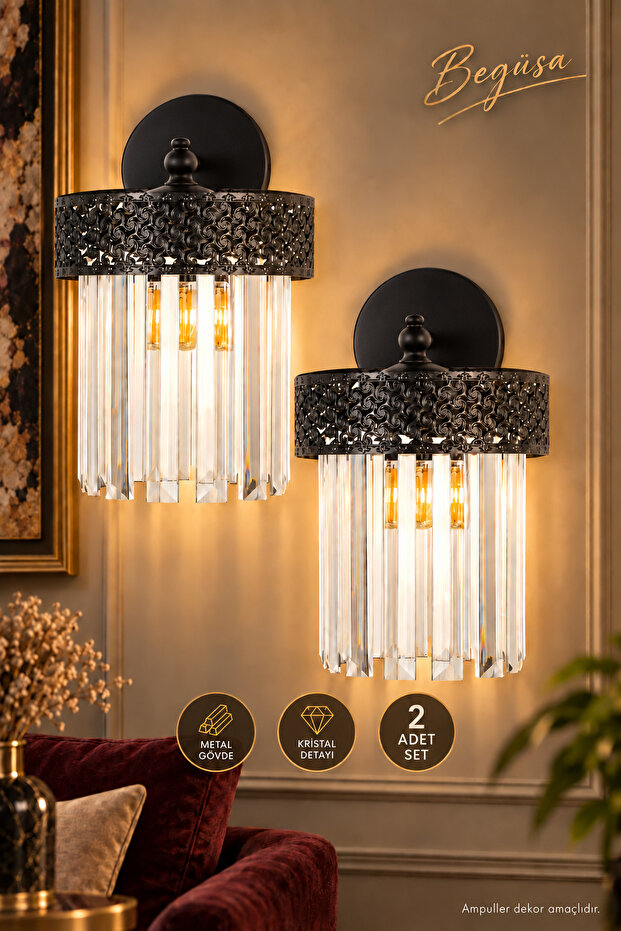 2 Pcs Citrus Sconce Black, Lux Crystal Stone Wall Sconce, Modern Decorative Sconce, Wall Lighting, Living Room, Bedroom and Hallway Lighting