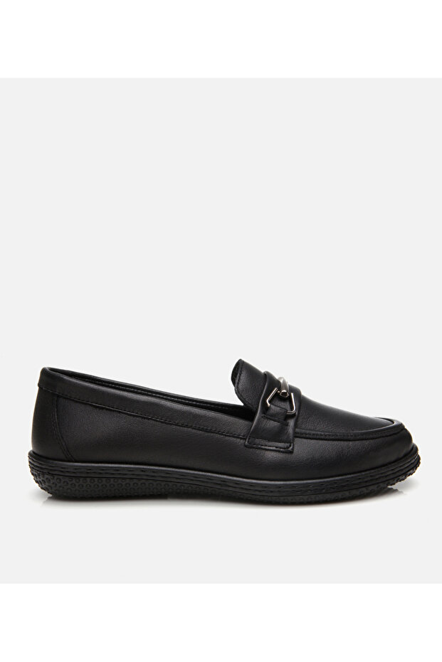 Women's Leather Black Buckle Casual Loafer
