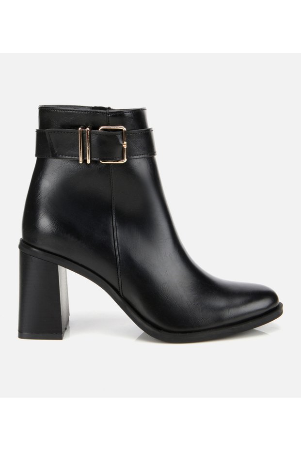 Women's Black Buckle Heeled Ankle Boots