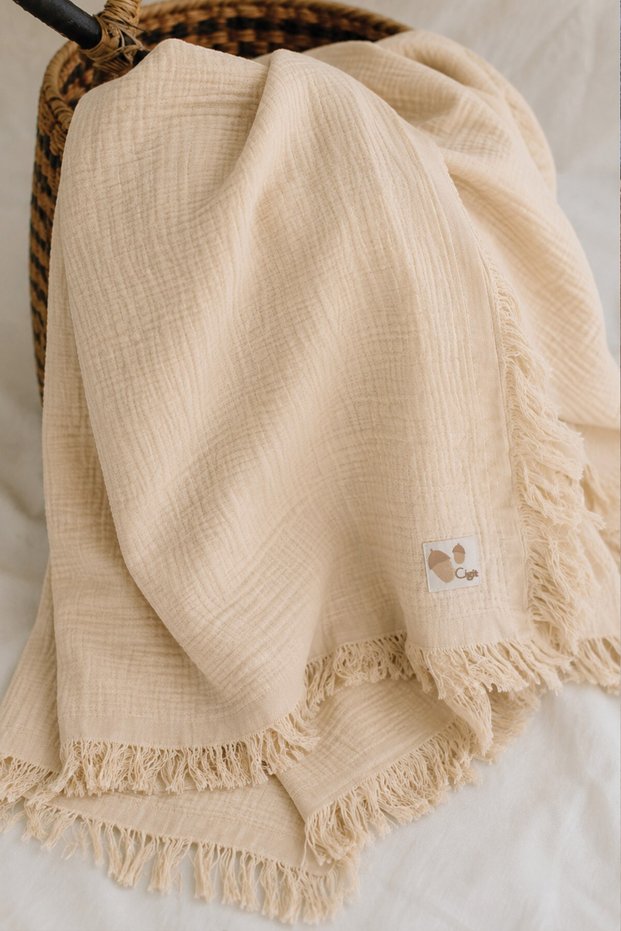 Four Layers Tasseled Organic Muslin Blanket 80X120 cm Sand