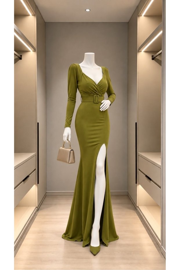 Double-Breasted Collar Slit Detail Maxi Length Imported Crepe Fabric Belted Dress 582256 Pistachio Green