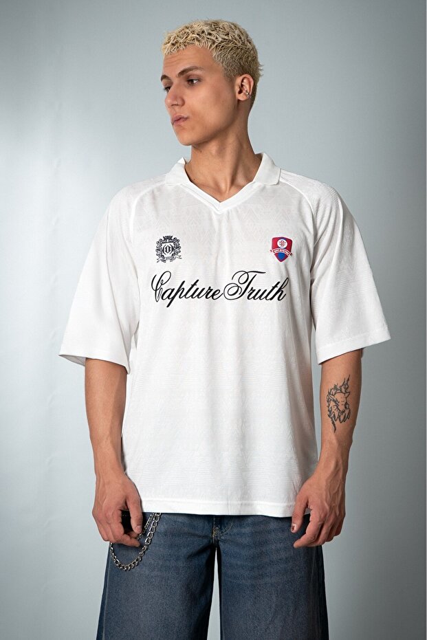 Capture Truth Polo Collar White Men's Football Jersey