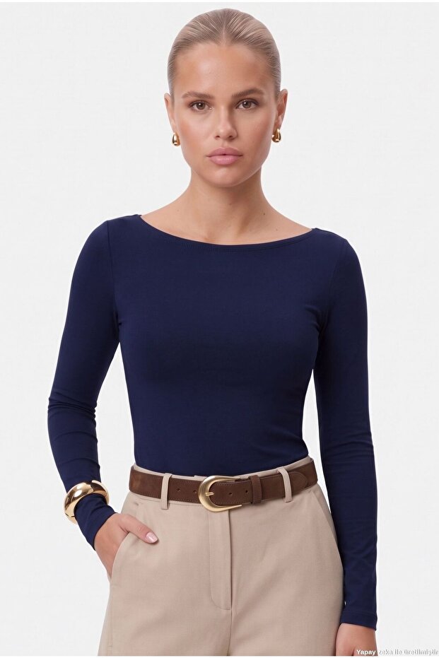 Kayak Neck Need Long Sleeve Navy Blue Soft Top / Blouse