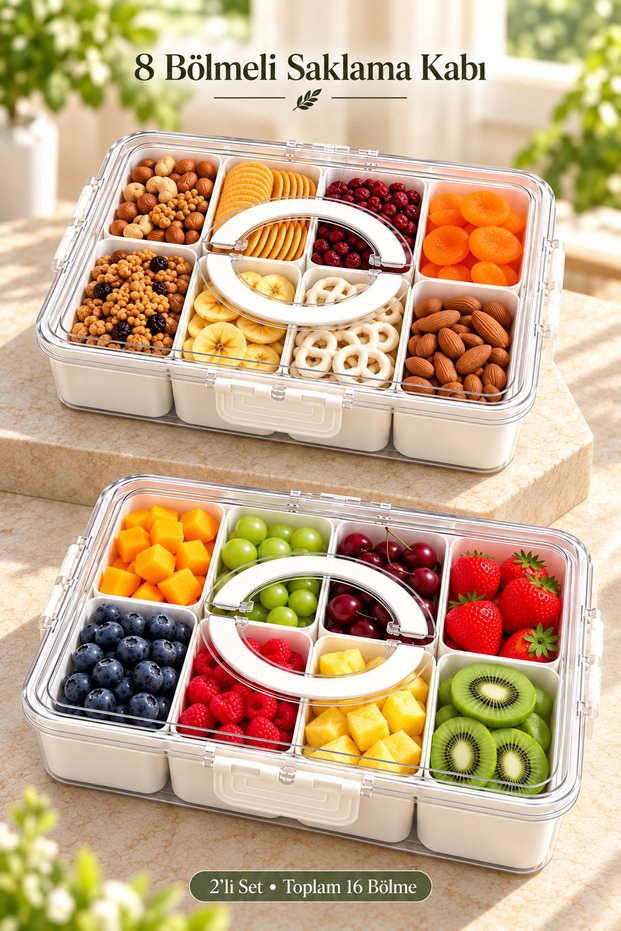 2-Piece 8-Compartment Portable Storage Container with Lock Lid Breakfast Organizer Picnic Set Food Box