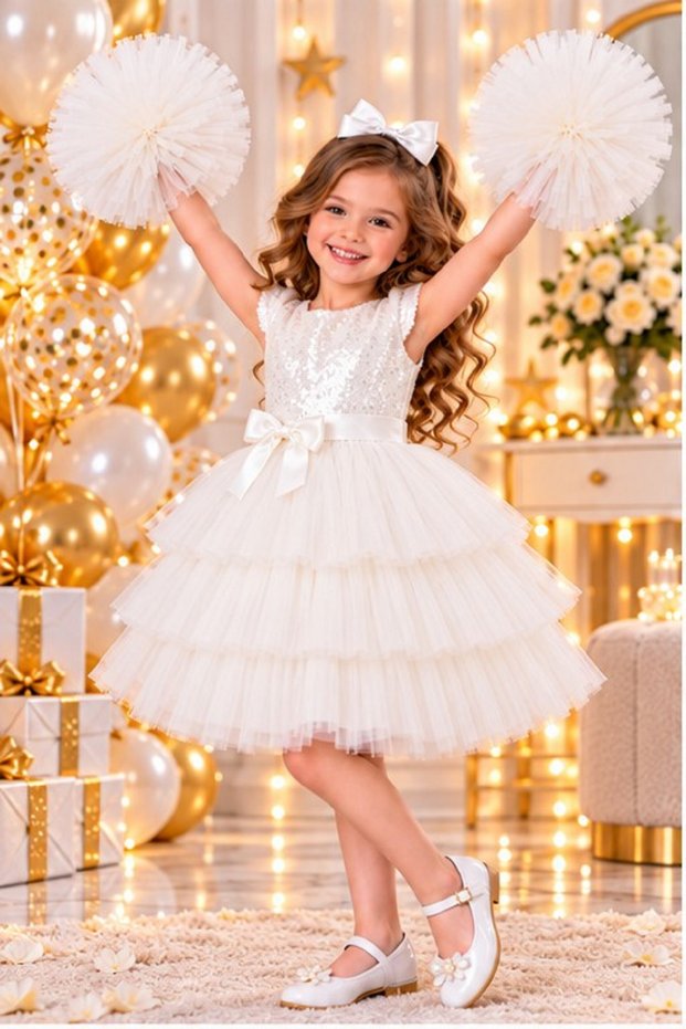 Girl's Buckle Pompom Sleeve Evening Dress Party Birthday Dress