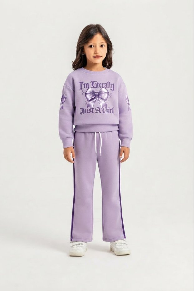 Girl's Purple Three-Thread Soft Two-Piece Set with Bow Detail and Spanish-Style Trousers