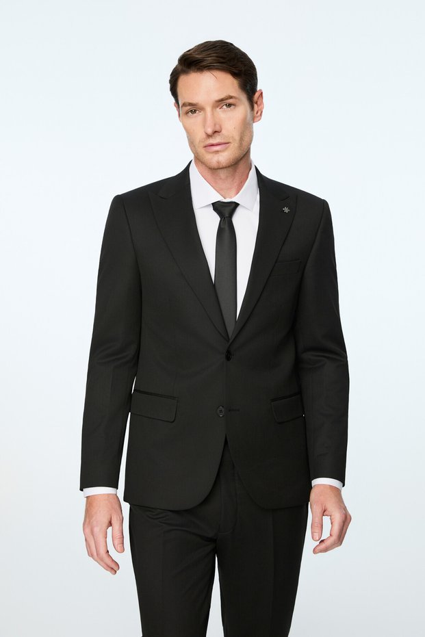 Men's Black Polyviscon Basic Plain Slim Fit Pointed Collar Suit