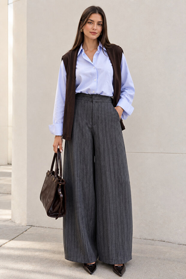 Women's Gray Striped High Waist Palazzo Balloon Leg Fabric Trousers