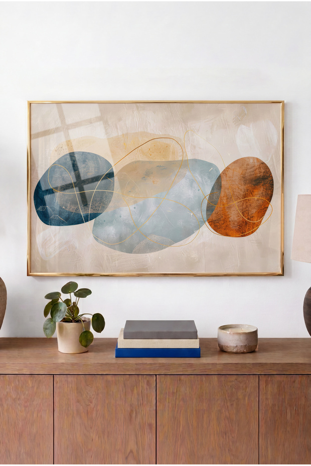 Bohemian Stones Horizontal Glass Table - Gold Metal Framed Table for Home, Business, and School