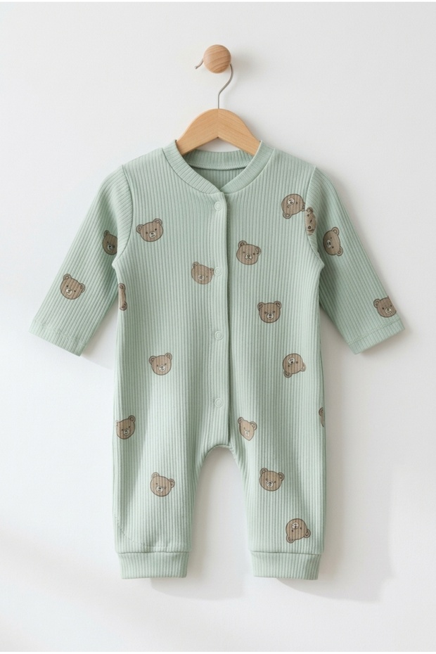 Teddy Bear Head Patterned Baby Romper 3-6-9 Months 100% Cotton